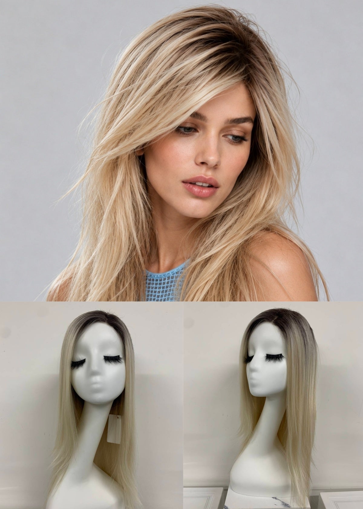 Light Champagne Rooted Long Straight Kanekalon Mini Lace Front Mono Crown Wig