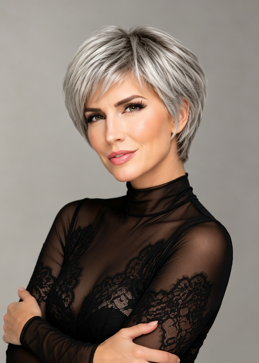 Salt Pepper Mix Short Straight Pixie Synthetic Kanekalon Little Lace Front Wig