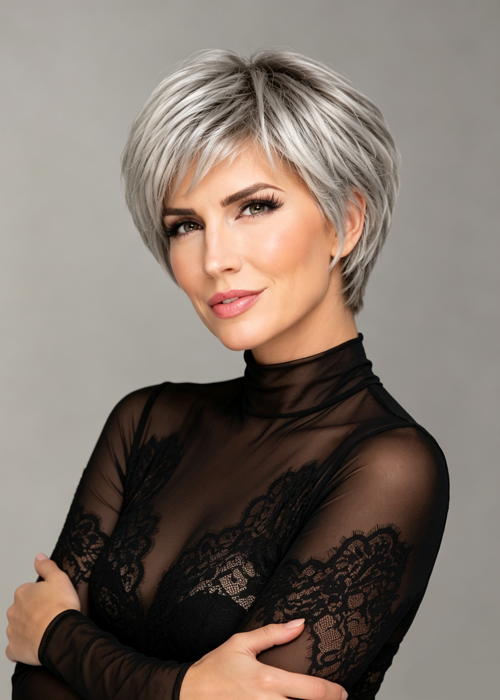 Salt Pepper Mix Short Straight Pixie Synthetic Kanekalon Little Lace Front Wig