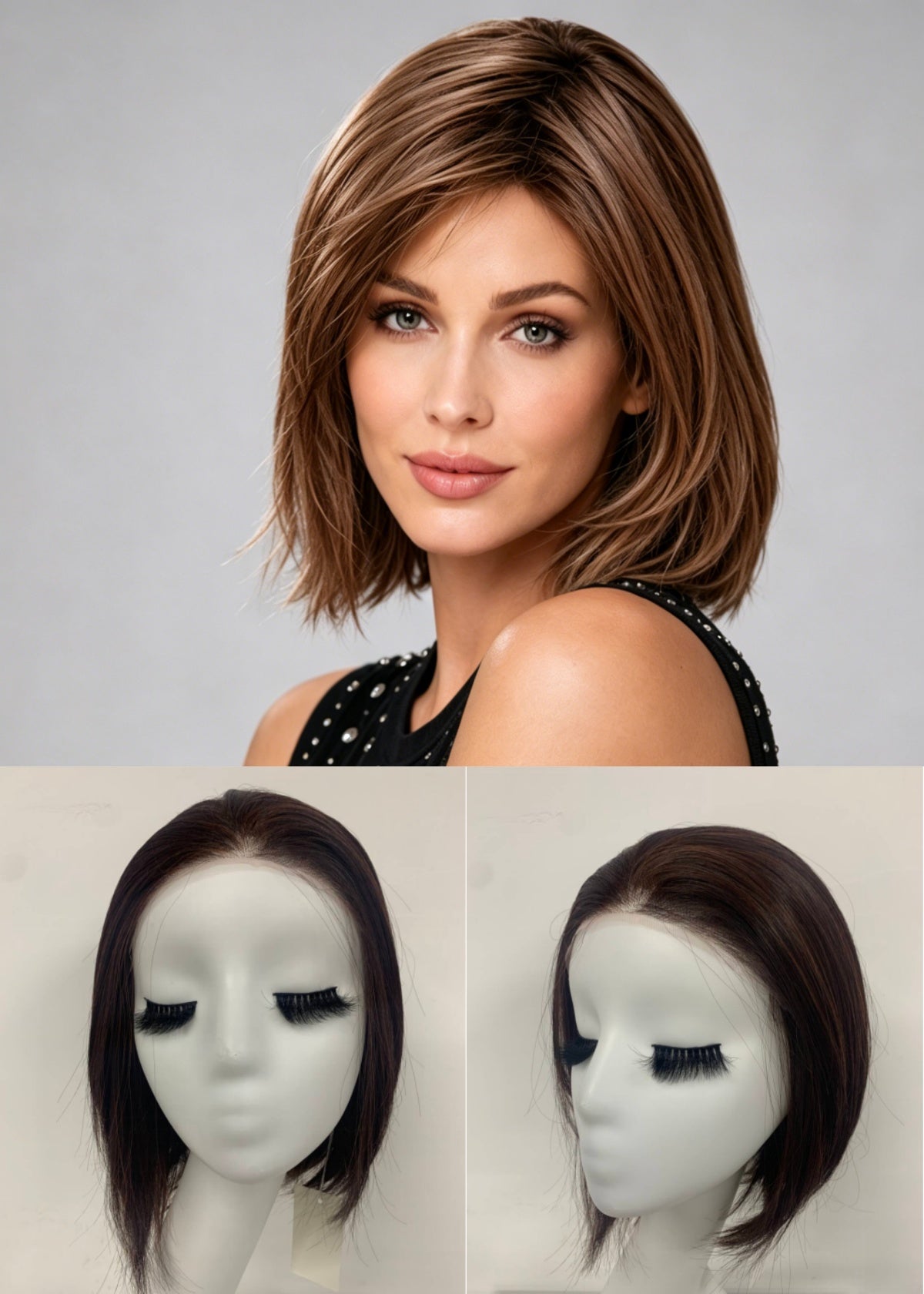Dark Chocolate Mix Medium Straight Bob Kanekalon Mono Side Part Wig