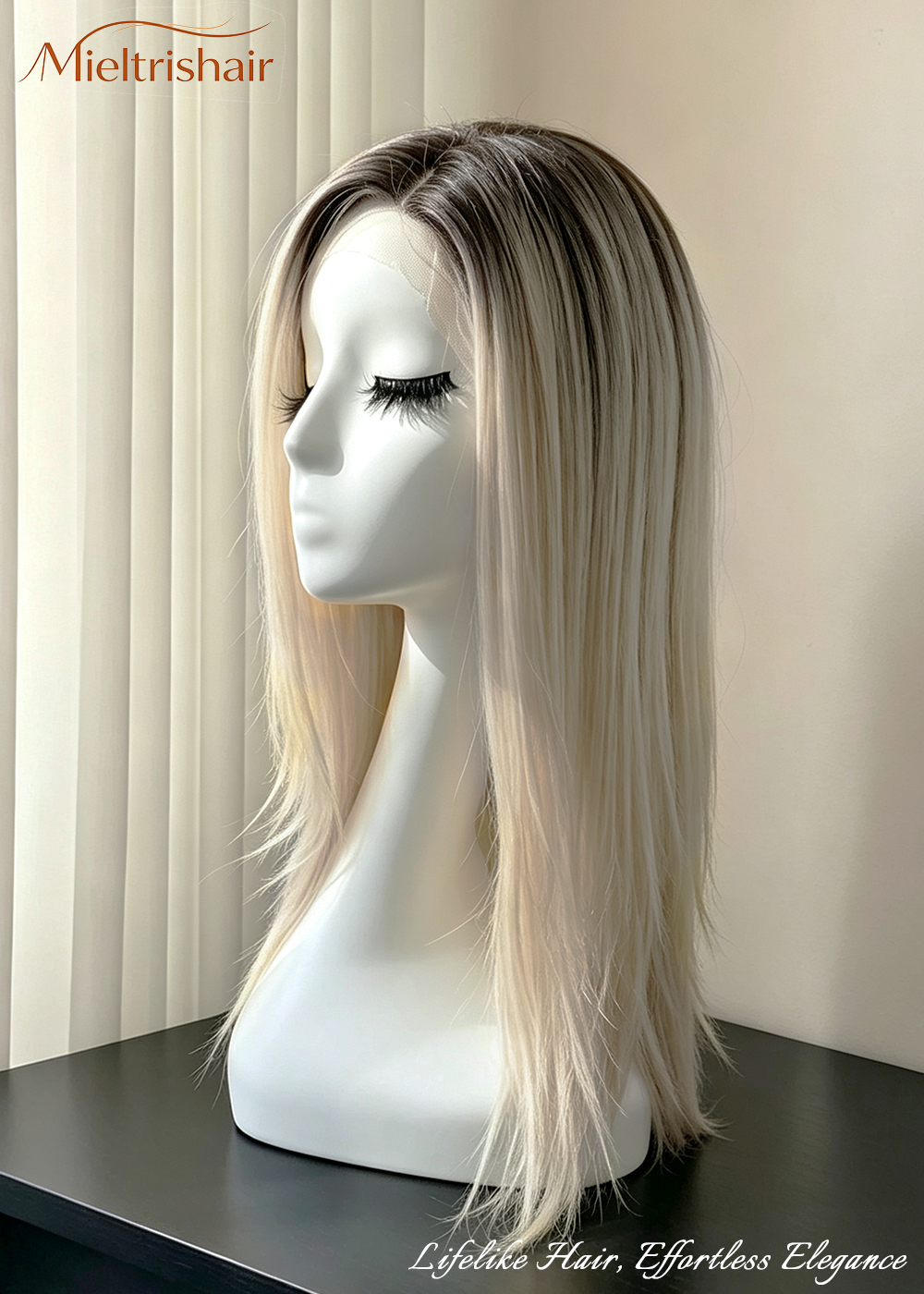 Light Champagne Rooted Long Straight Kanekalon Mini Lace Front Mono Crown Wig