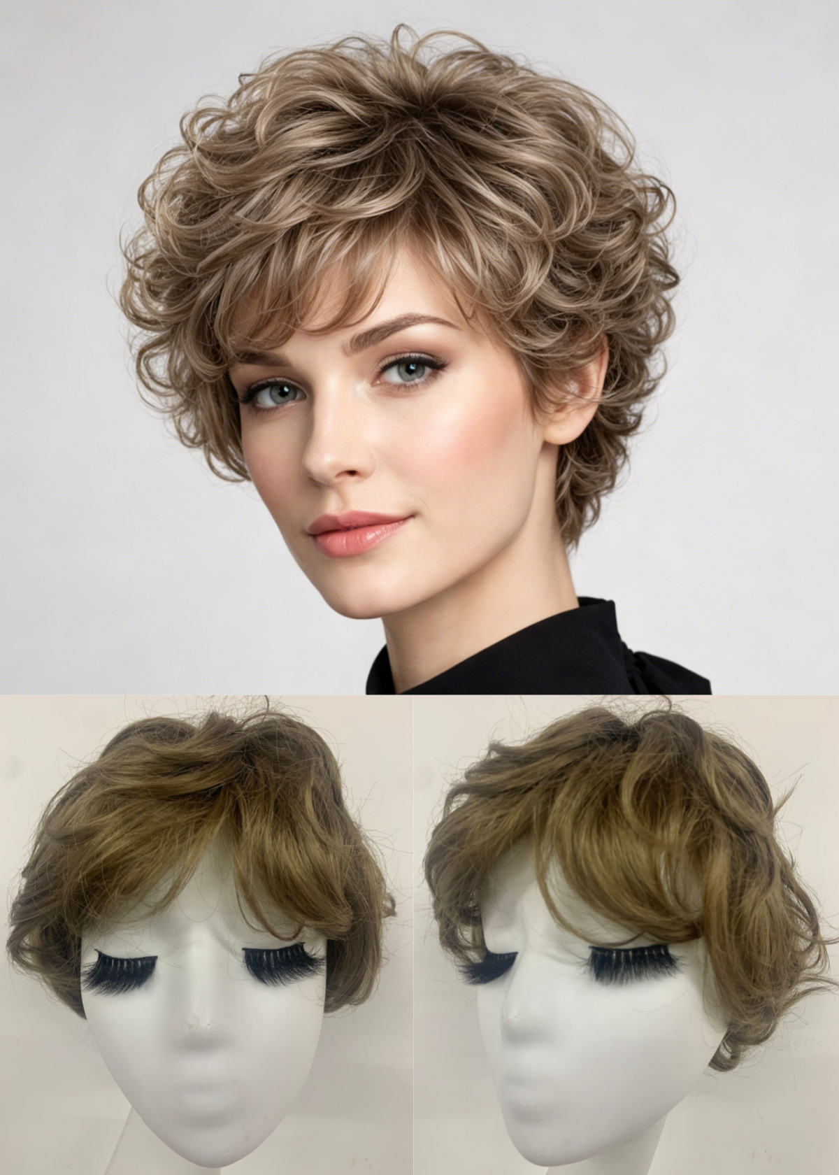 Dark Sand Mix Short Curly Pixie Kanekalon Full Handmade Lace Front Wig