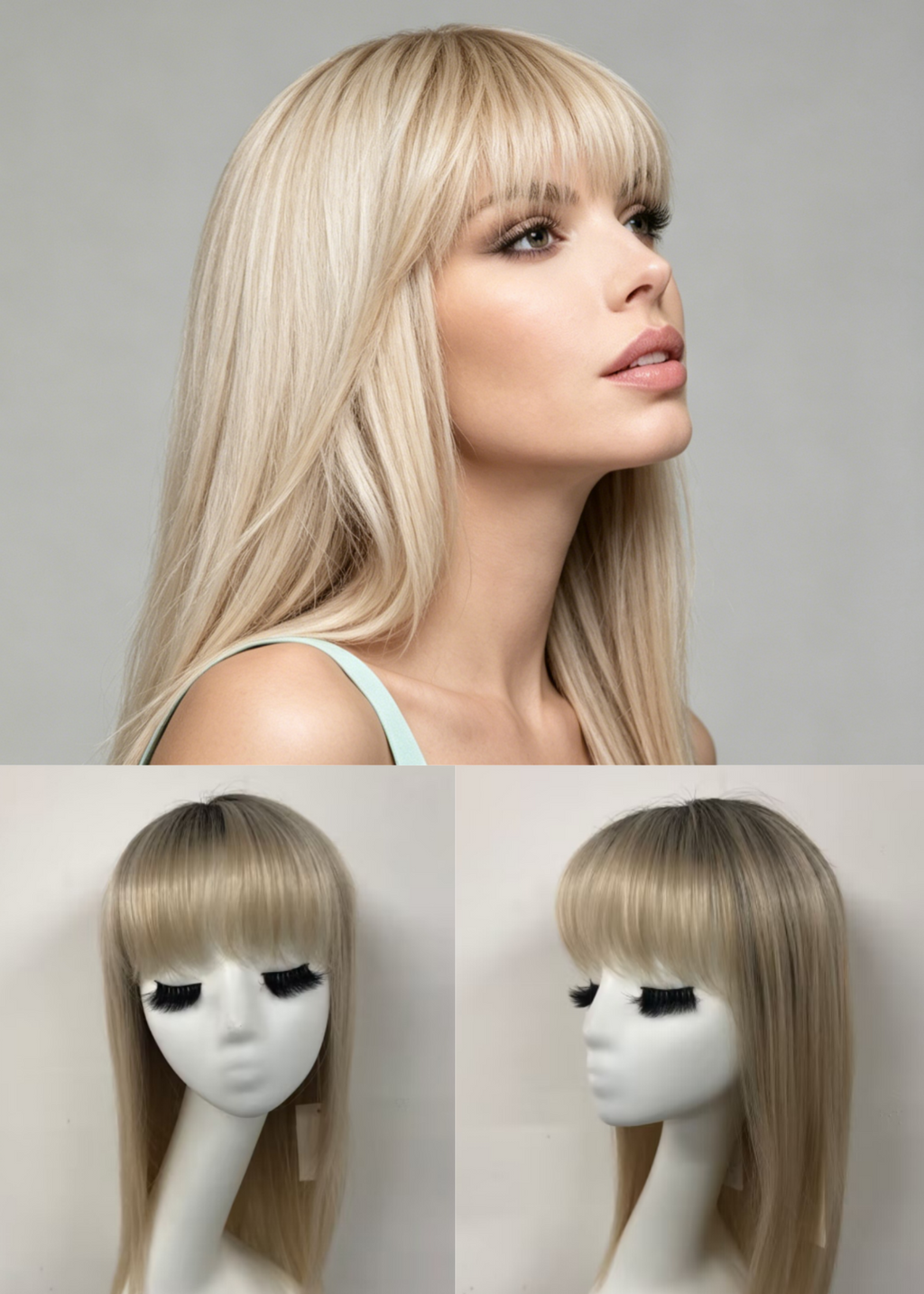 Light Champagne Rooted Long Straight Kanekalon Mono Crown Wig With Bangs