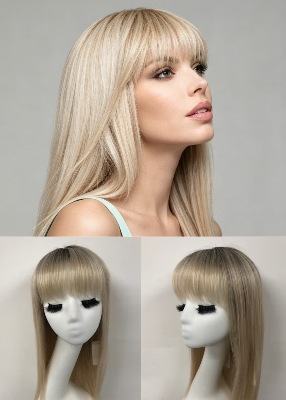 Light Champagne Rooted Long Straight Kanekalon Mono Crown Wig With Bangs