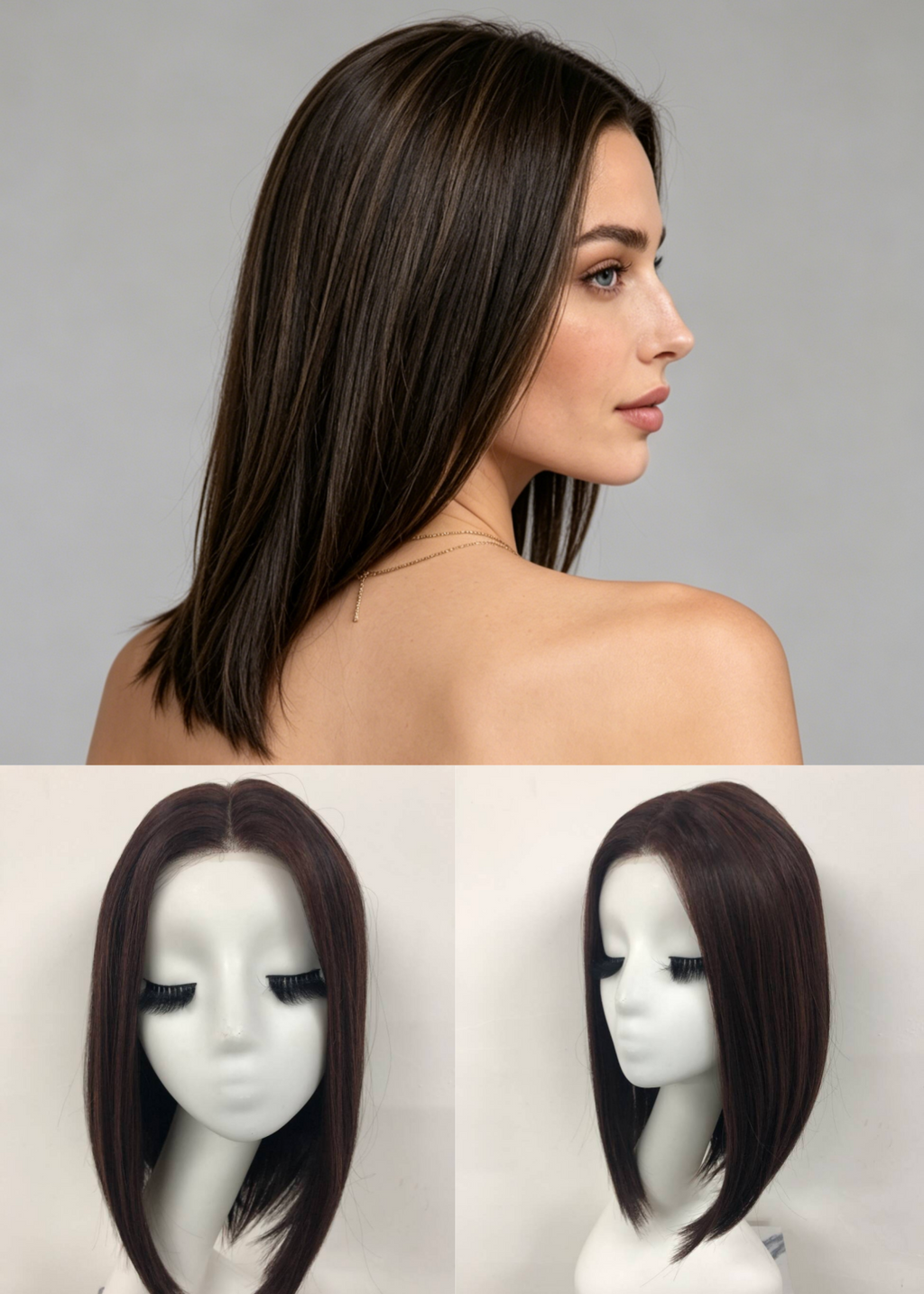 Dark Chocolate Mix Medium Straight Bob Kanekalon Mono Middle Part Wig