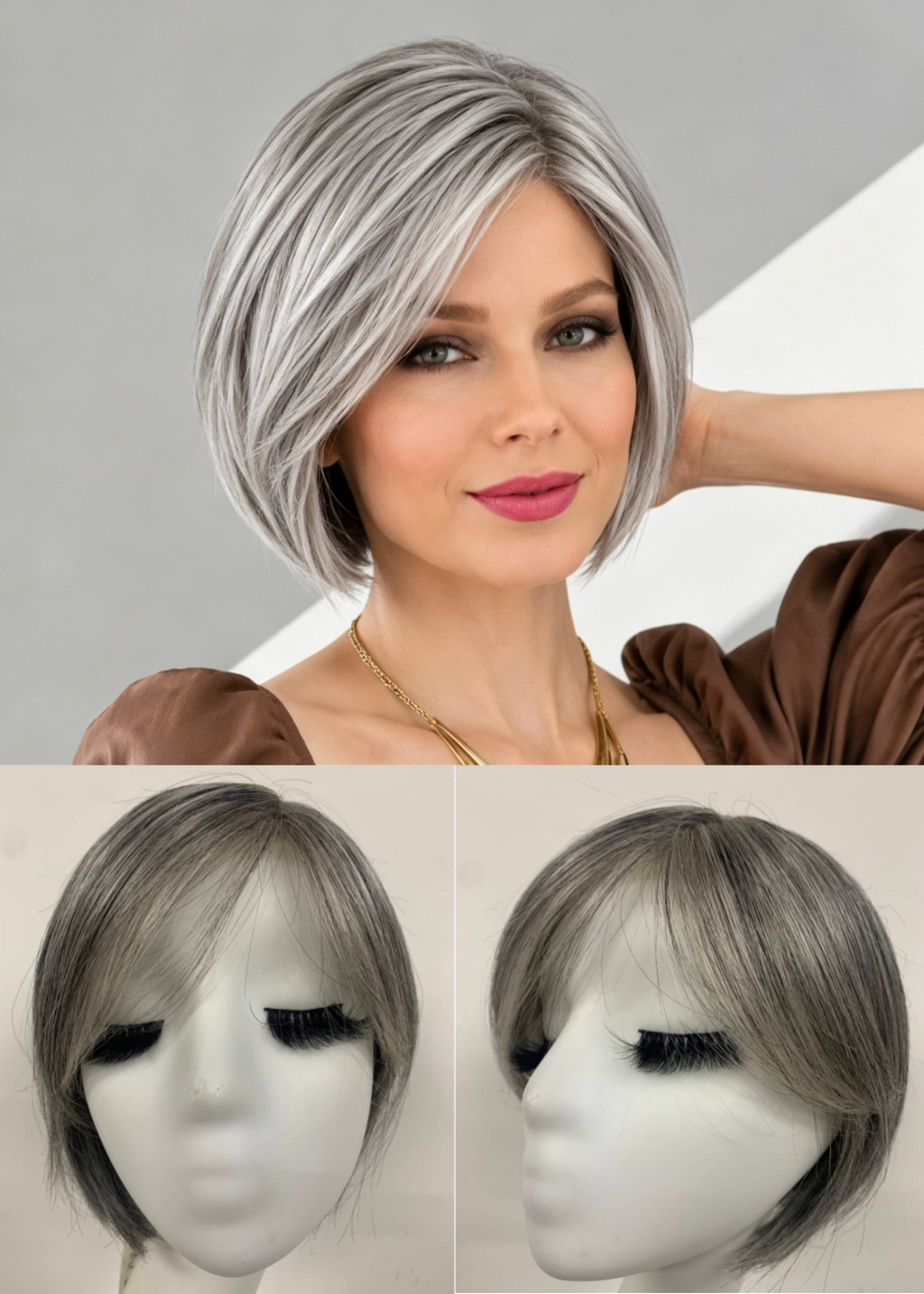 Salt Pepper Mix Short Bob Kanekalon Mono Top Full Handmade Lace Front Wig