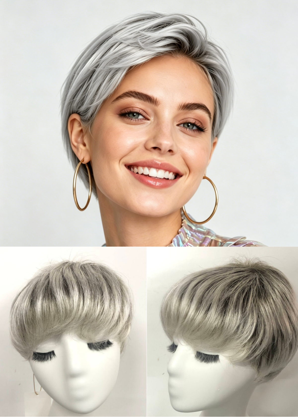 Snow White Rooted Short Straight Pixie Kanekalon Mono Top Full Handmade Wig With Bangs