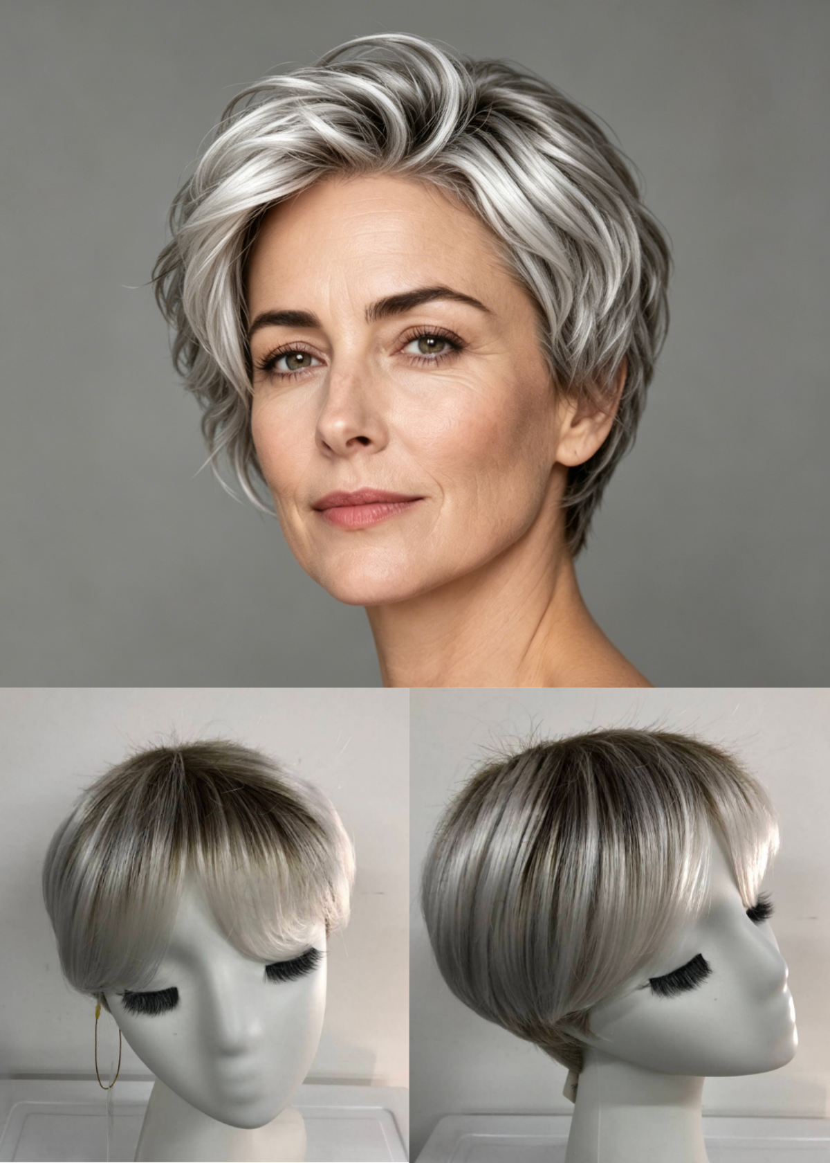 Light Brown Grey Rooted Short Straight Pixie Kanekalon Full Machine Made Wig With Bangs