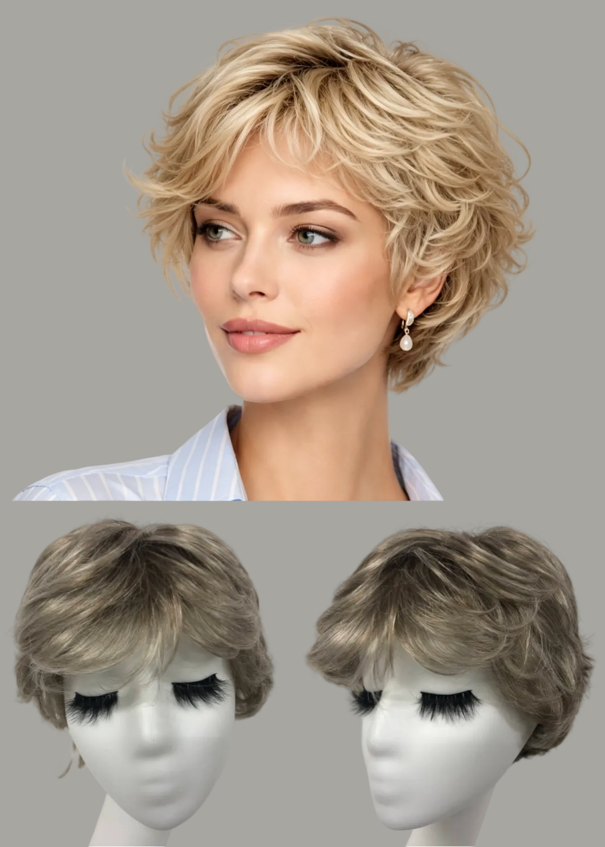 Platinum Mist Short Curly Pixie Kanekalon Machine Made Wig With Bangs