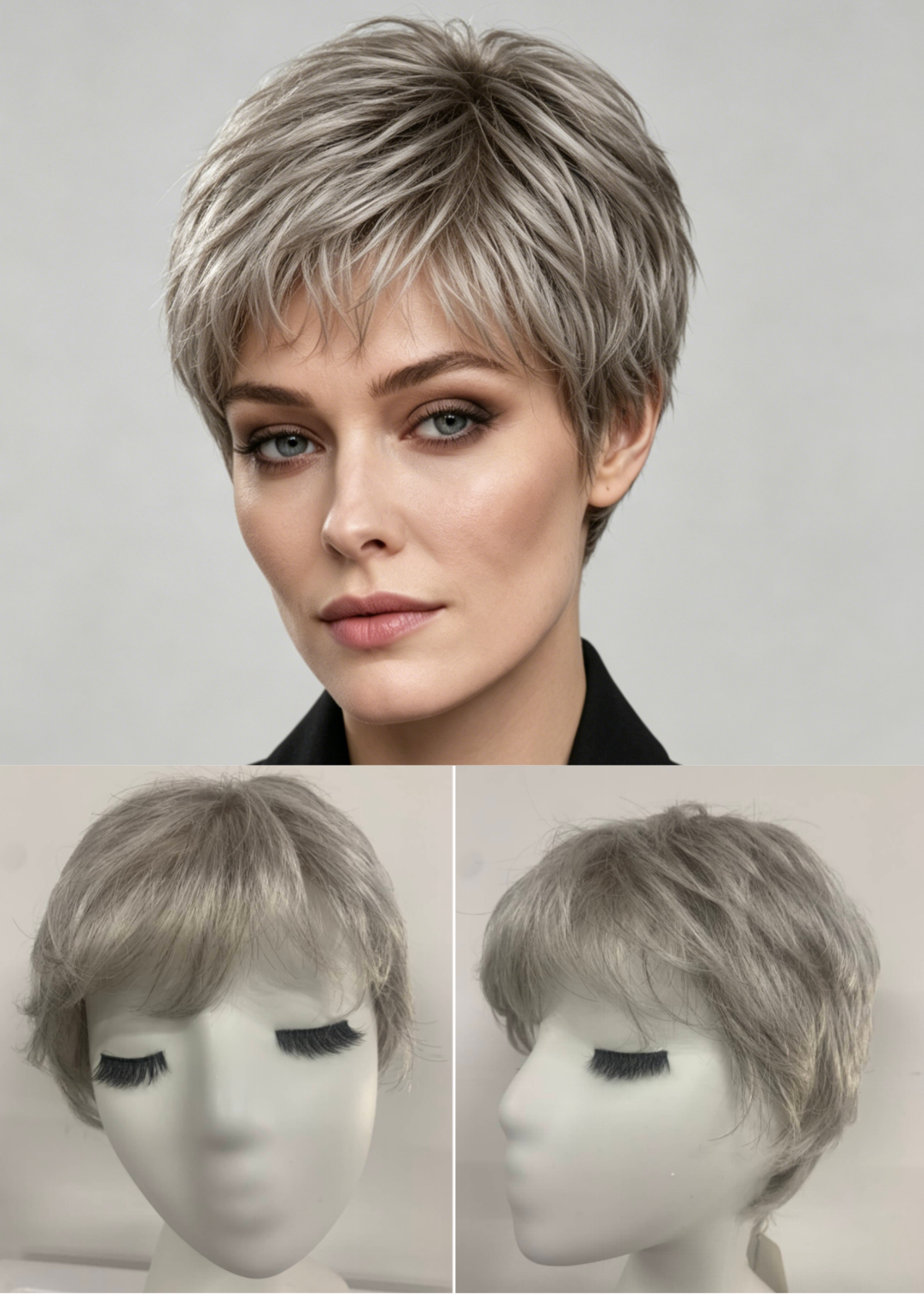 Snow Mix Short Curly Pixie Kanekalon Mono Top Wig With Bangs